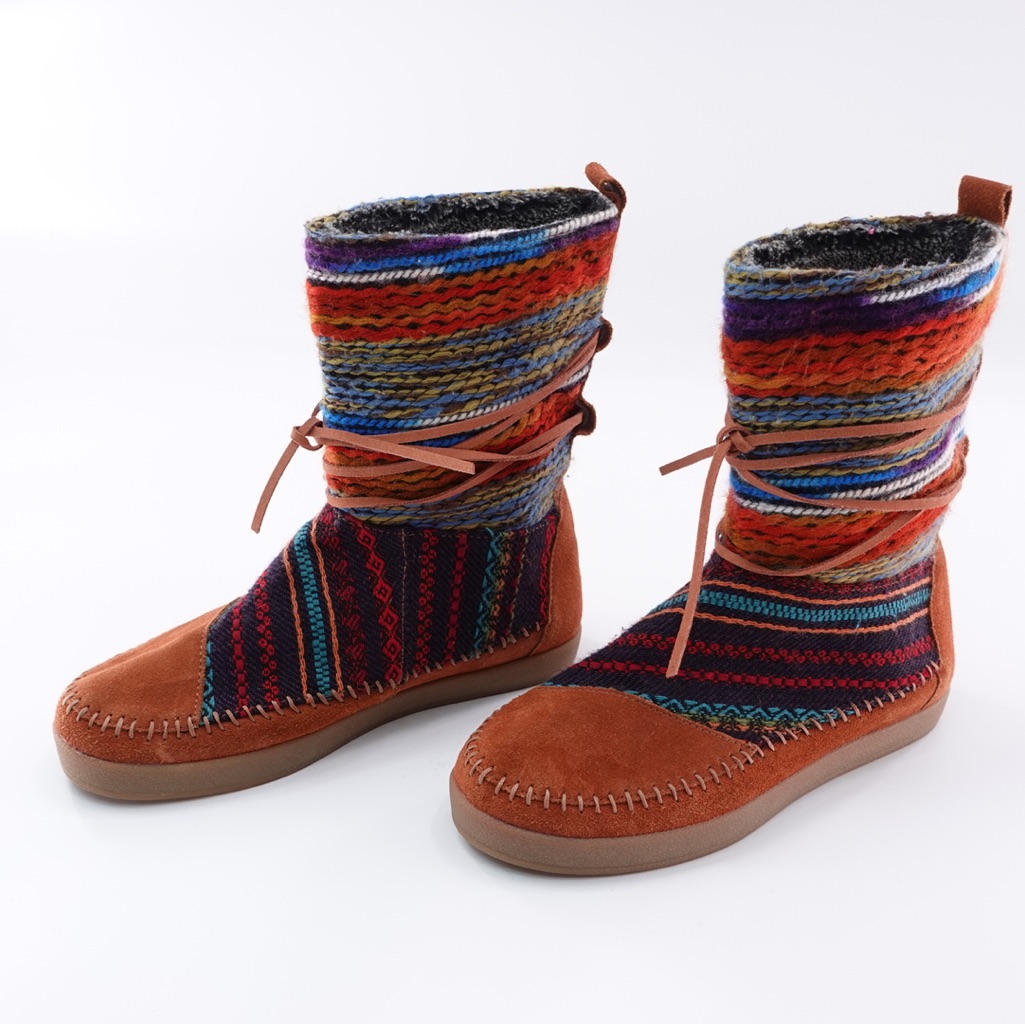 Tom’s Nepal Boots Cognac Suede Multicolor Yarn Bohemian Sz 7.5